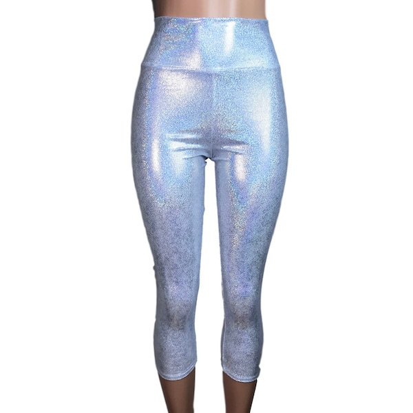 Silver Holographic Cropped Capri Leggings Pants  - Yoga, Rave, Festival, EDM, 80s Clothing - High Waisted