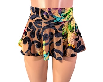 Minifalda de terciopelo desgastado con estampado floral en negro o verde / Falda skater de 25 cm para raves, festivales, bailes y artistas