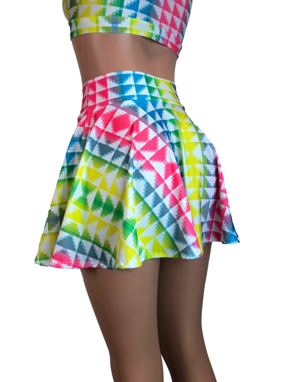 High Waist Skater Skirt Neon Tetris Spandex Rave Outfit Circle