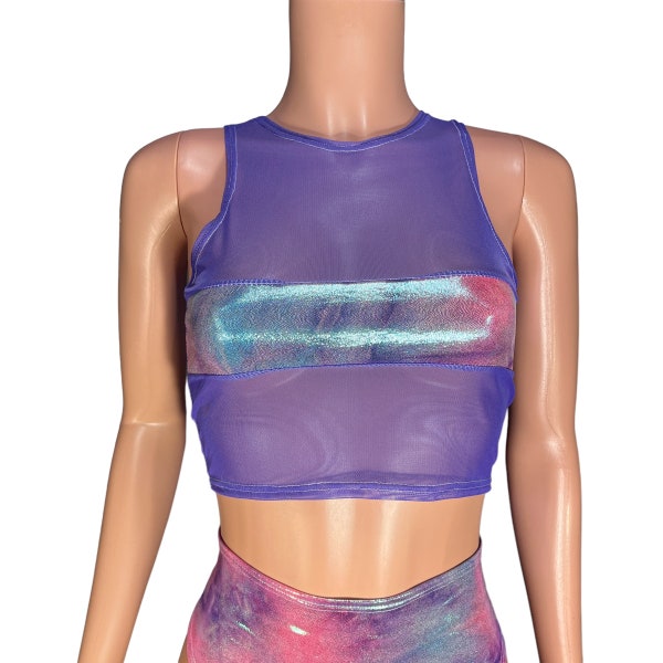 Censor Sheer Top in Rainbow Mystique Tie Dye & Lavender Mesh Crop Top - Rave Clothing, Festival Outfit