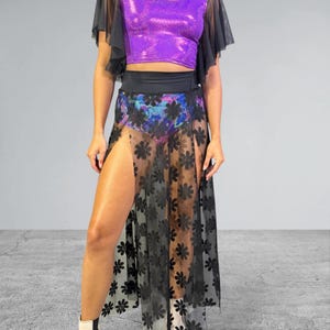 Sheer Mesh Daisy Maxi Duster Rave Skirt - Long Double Side Slit Skirt - Sheer Festival Skirt - Many Colors