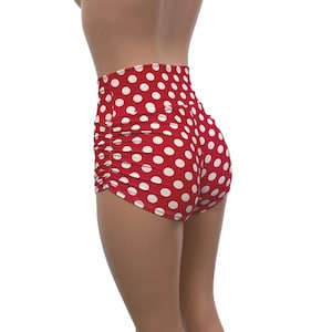 Ruched Booty Shorts - *Red & White Polka Dot* Scrunch Rave Shorts - CHOOSE your RISE - Roller Derby shorts, pole dance shorts
