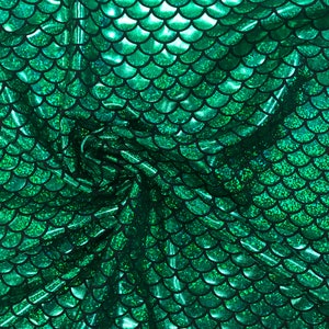 Mermaid Holographic Green Scales Poly Spandex Stretch Fabric by-the-yard, Holo, Holgram