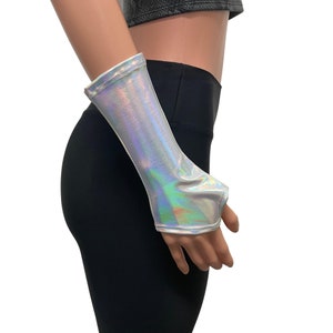 Fingerless Gloves in Opal Holographic Spandex | Arm Sleeves | Rave Festival Clothing