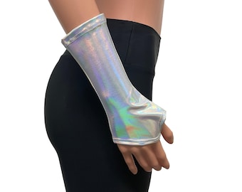 Fingerlose Handschuhe aus Opal Holographic Spandex | Armstulpen | Rave Festival Kleidung