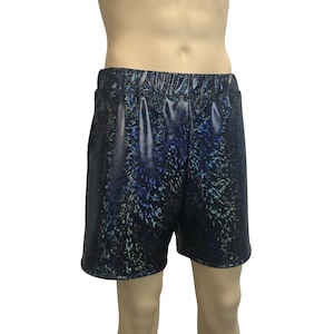 Men&#39;s Black Shattered Glass Holographic Shorts W/ Pockets - Rave Shorts
