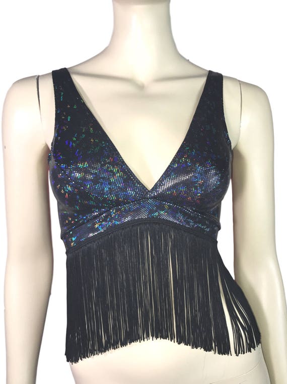 Black Holographic Fringe Crop Top Bralette - Rave Wear, Festival Top, Burning Man Top, Boho