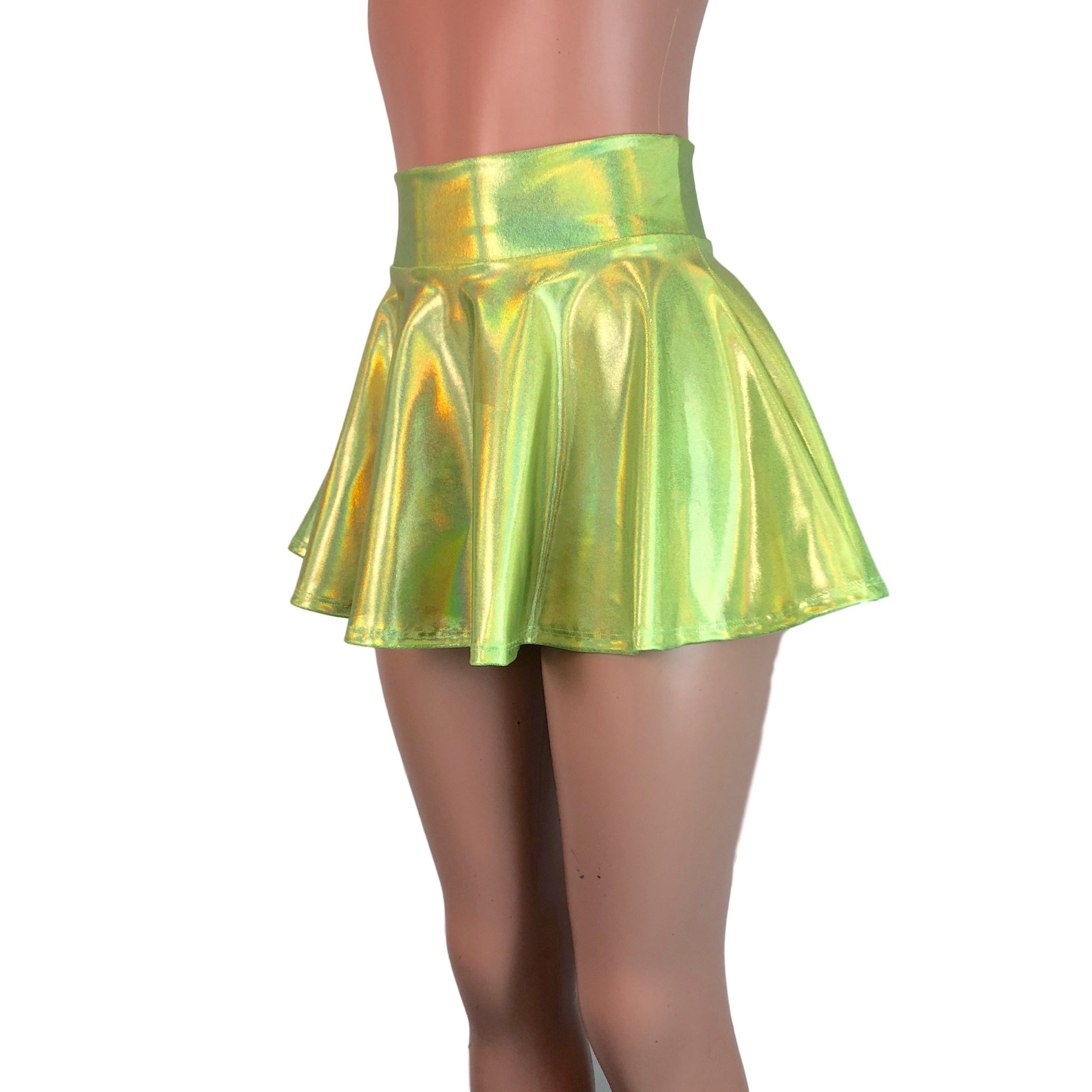 Lime Green Mini 13 Holographic High Waisted Skater Skirt Etsy