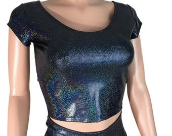 Black Hologram Metallic Cap Sleeve Crop Top - bodycon Clubwear, Rave Wear, Activewear, Running, Yoga, crossfit