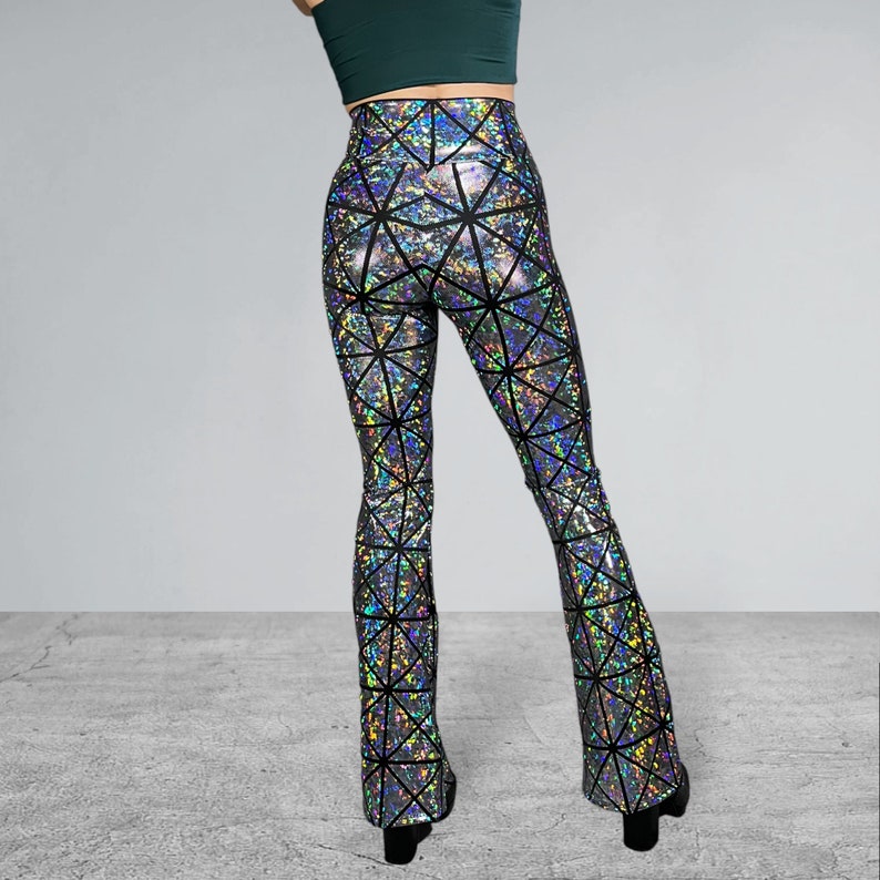 Flare Pants Pattern Rave Crossover Waist Bootcut Flare Pants *silver Glass Pane Holographic ...