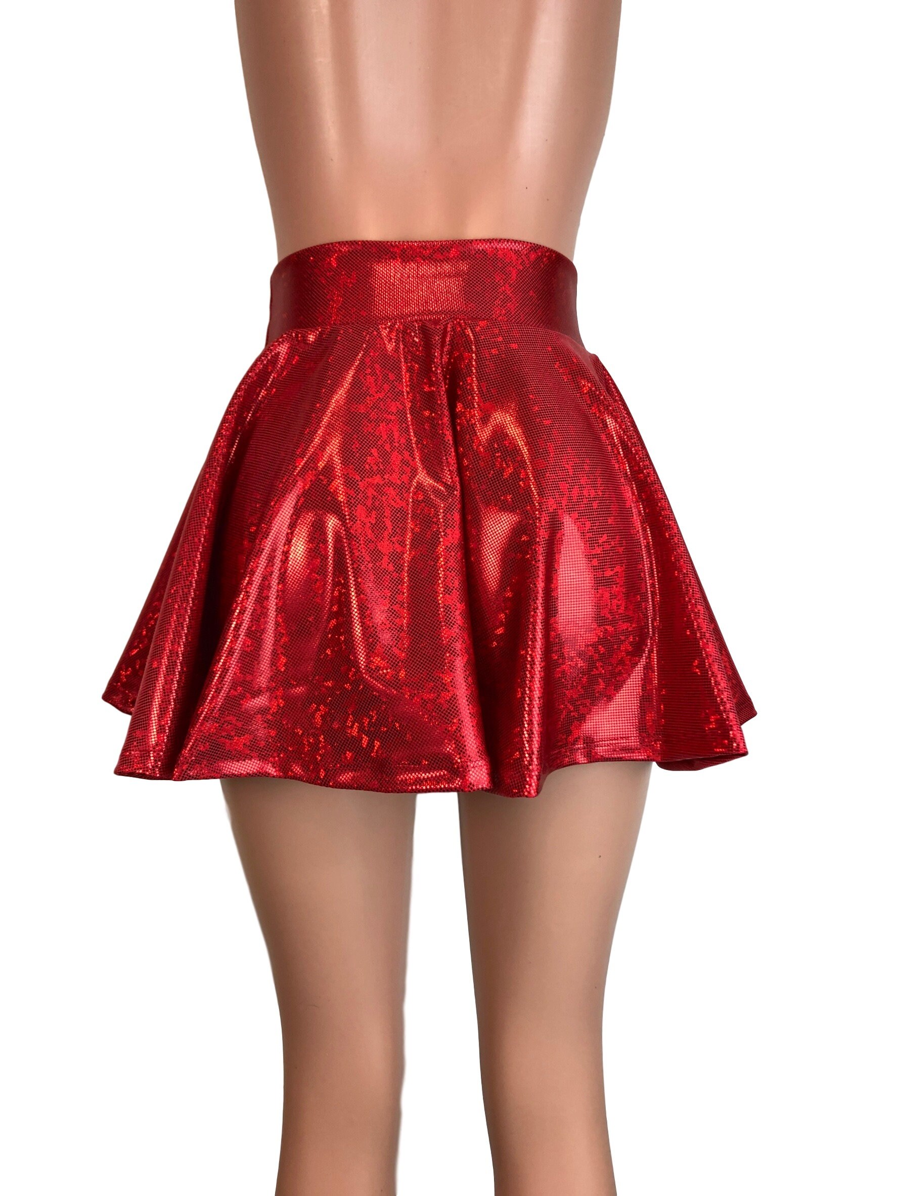 Red Shattered Glass Holographic High Waisted Skater Skirt