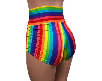 Ruched Booty Shorts - Rainbow Stripe Pride | Ruched Rave Shorts - Scrunch Booty Shorts - CHOOSE your RISE - Roller Derby, Festival, Rave