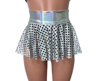 Opal Diamond Cutout 10" Mini Holographic Skater Skirt See-Through - Holograph Rave Skirt - Festival - Reflective Skirt - High Waisted