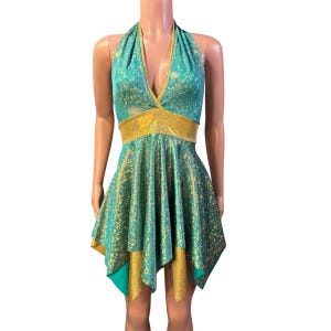 Pixie Halter Dress Fit n Flare Fairy Asymmetrical Hem in Jade Holographic and Gold Sparkle - Halloween Costume Dress