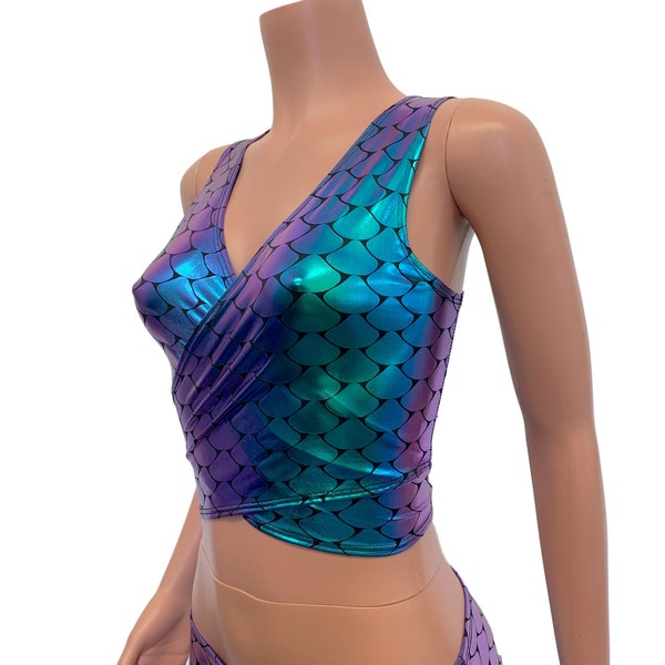 Crop Wrap Top - Scaglie di sirena olografiche / Scegli la lunghezza della manica - Abbigliamento rave - Top corto - Cravatta