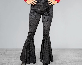 Pantalon taille haute évasé avec bas cloche en velours noir - Tenue rave, pantalon de festival, Burning Man