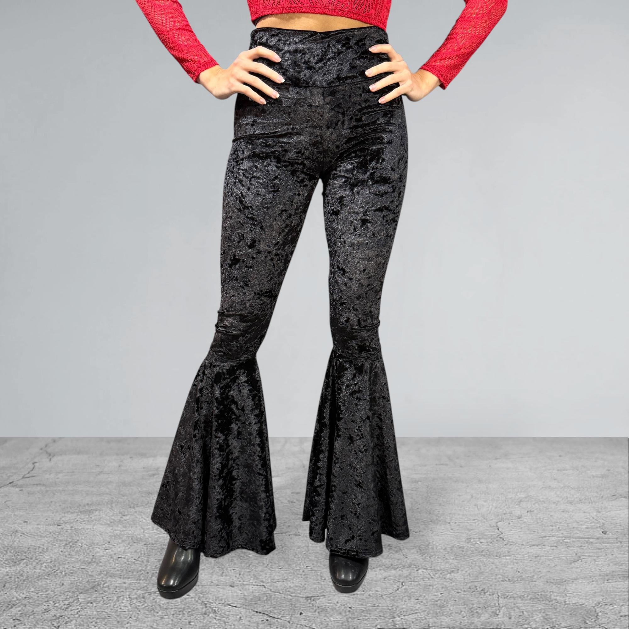 Velvet Bell Bottom Pants High-waisted Flares in Black Crushed