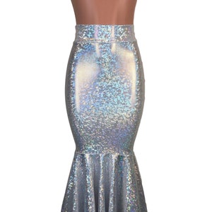 May include: A silver mermaid skirt with a high waist and a flared bottom. The skirt is made of a shimmering iridescent fabric.