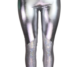 Silver Shattered Glass Holographic High Waisted Leggings Pants Rave,  Festival, EDM, 80s Clothing High Waisted Funky 