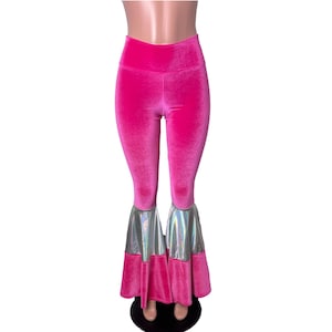 Bell-Bottom-Hose - Tiered Flares - * Pink Velvet w / Opal Holographic * Wählen Sie Ihren Aufstieg - Rave Pants, Festival Clothing
