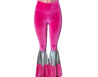 Bell Bottom Pants - Tiered Flares - *Hot Pink Velvet w/ Opal Holographic* Choose your Rise - Rave Pants, Festival Clothing