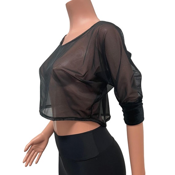 Dolman Crop Top in Black Mesh Sheer Loose Tee Rave Top Festival