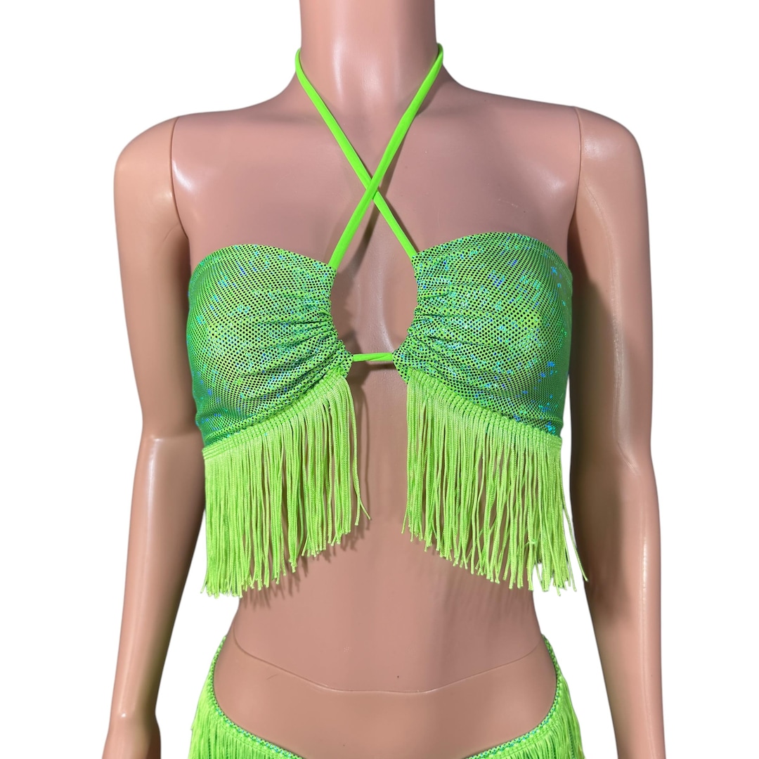 Neon Lime Letter Tape Zipper Up High Cut Bikini main image 0