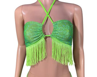 Haut de bikini X-string à franges holographique vert fluo - Vêtements rave vert fluo, vêtements de festival, tenue EDM, maillot de bain