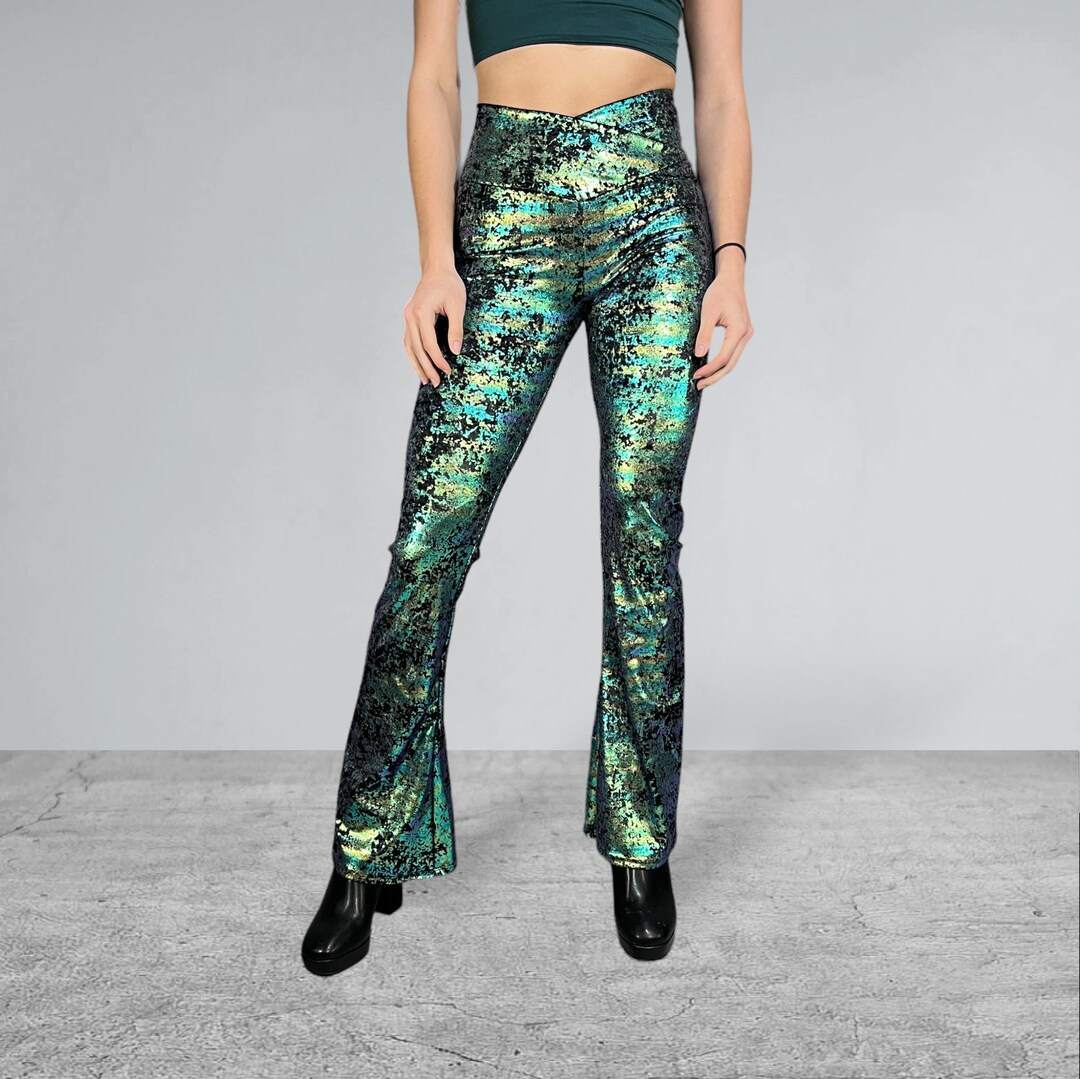Flare Pants Pattern Rave Crossover Waist Bootcut Flare Pants *green on Black Gilded Velvet ...