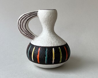 Italian mid century studio pottery vase with handle textured surface stripe colors