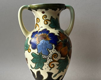 Large Vintage VALENCIA 2624 Gouda Studio Art Pottery floral handled Vase,  Dutch Royal Gouda hand painted floral vase