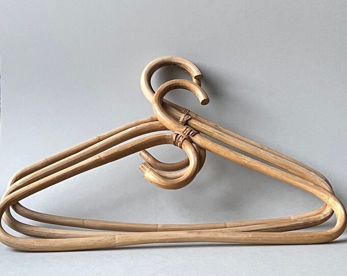 Vintage Rattan Bamboo Clothing Hanger Set of 3, Retro Boho Jacket Rack, Midcentury Coat Hanger