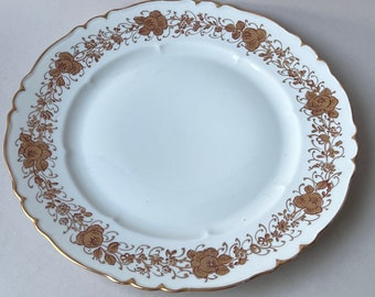 Vintage redondo oro dorado floral pintado a mano porcelana fina porción o plato de pastel con borde festoneado, porcelana de reemplazo, regalo de bodas