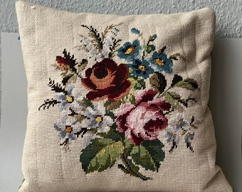 Vintage  floral needlepoint cushion throw pillow cover green velvet back, bay window bench cushion, Tapestry granny chic bouquet  41x41cm