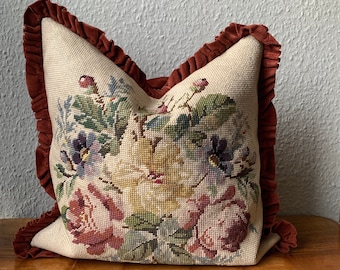 Victorian wool floral needlepoint cushion throw pillow cover velvet back ruffled edge, Vintage French tapestry granny chic cushion 41x41cm