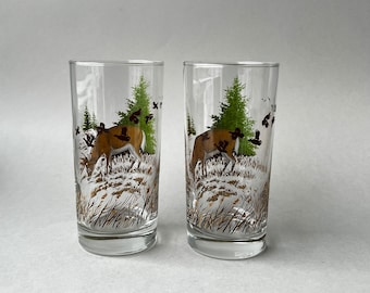 Pair of vintage mid century water tumblers with deers grazing in forest scene,  mcm long drink glasses, Unique Father’s day gift idea