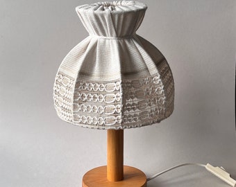 Vintage retro pine wood lamp with beige fabric dom lamp shade, mushroom lamp minimalist cottage core country aesthetics