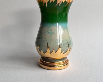 Vintage Reverse Painted Green Gold Gilt Glass Vase Medium, Maximalist Original Flower Vase for Spring Summer Home Decor  Height 17cm/
