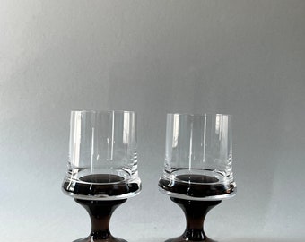 Pair of vintage Amphora crystal brown stem aperitif glasses, Mid century Swiss smoky glass fancy drink glasses, gift for engagement