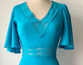 Blue vintage Gunne sax fitted maxi dress, 1970s Betty Barclay Boho maxi dress, hippie festival dress, lace Trimming, flutter sleeves Size S