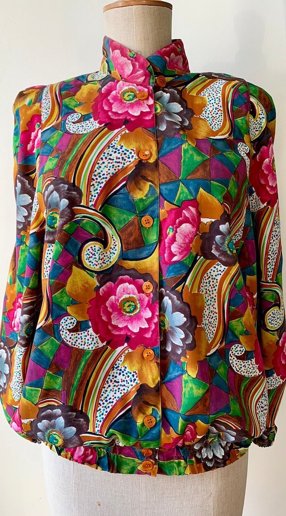 80s retro floral jacket, vintage mock neck floral