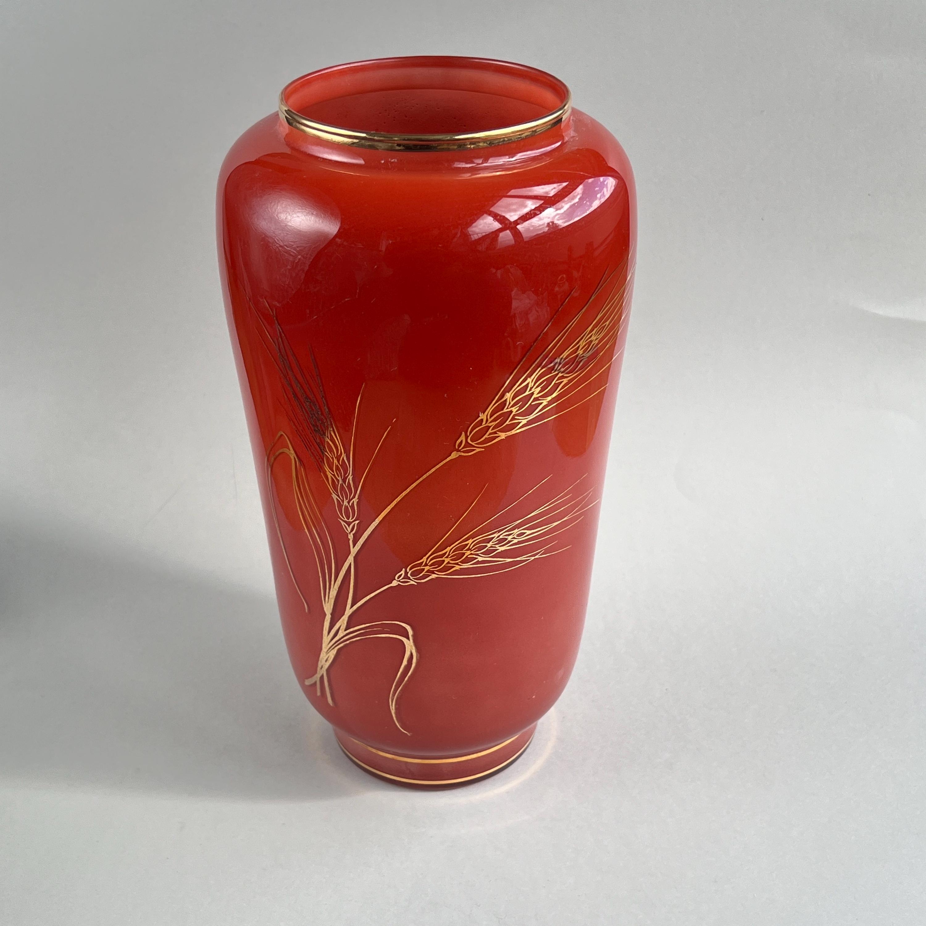 Vintage Large 80s Orange Reverse Painted Glass Vase with Gold Highlights of Wheat Decor, Oversized Decorative Vase, Retro Fall Decor
