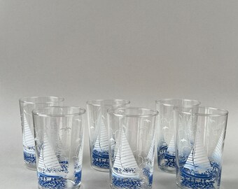 Set of 6 sailing boat decorated drinking libbey glasses, vintage water glass tumblers, mid century barware coastal chic retro summer picnic