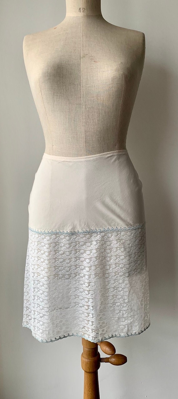 1920s silk and lace half slip with blue trimming,