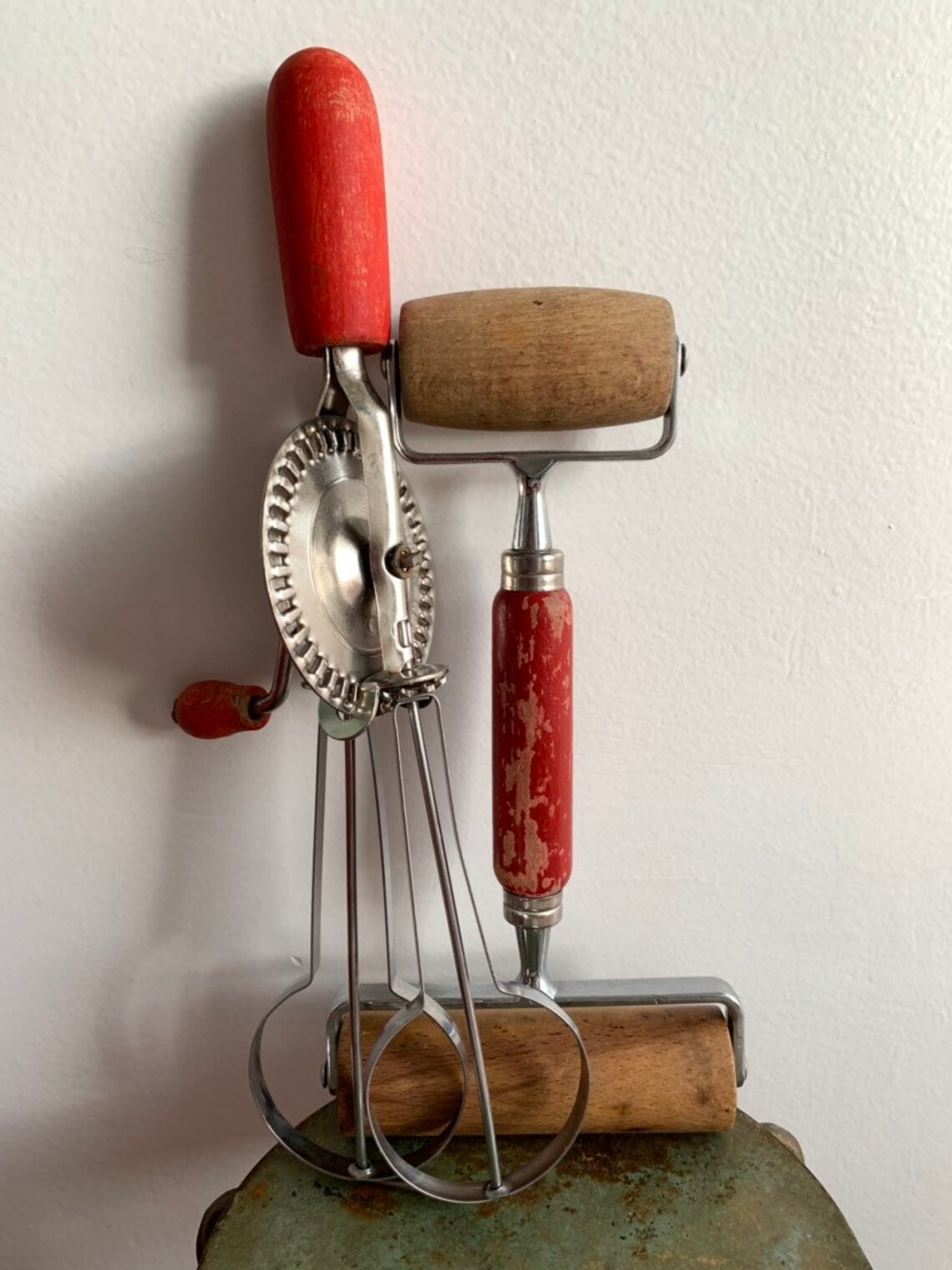 Set of vintage baking kitchen utensils tools red wood hand Etsy
