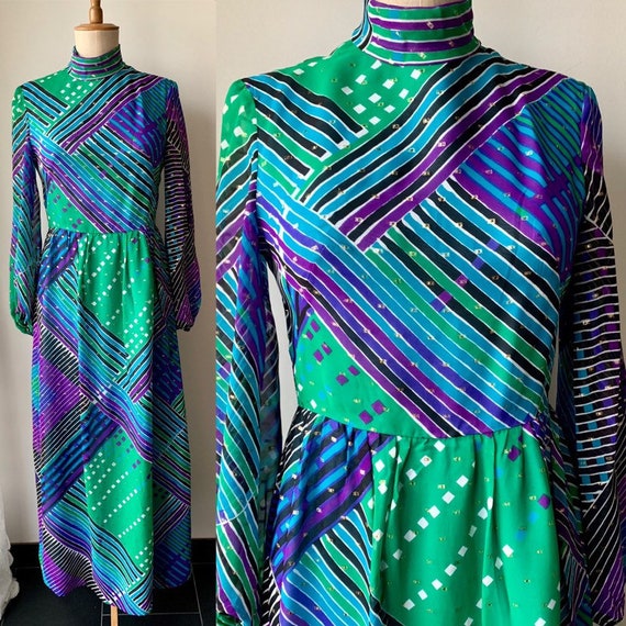 70s purple green chiffon maxi dress with long slee