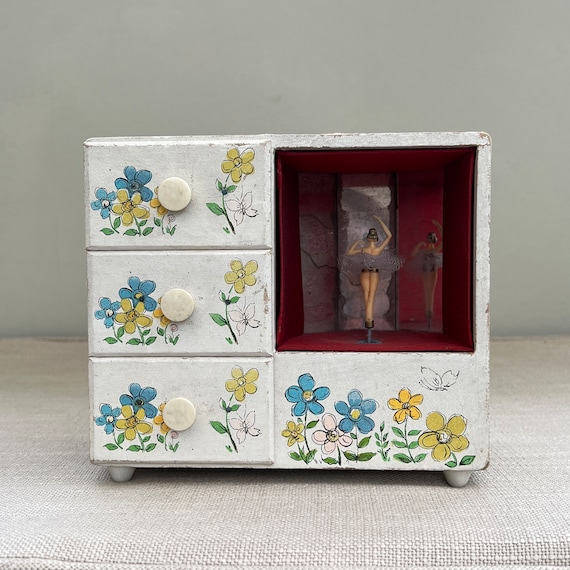 1970s retro jewelry music box with dancing ballerina flower decorated exterior and  including drawers