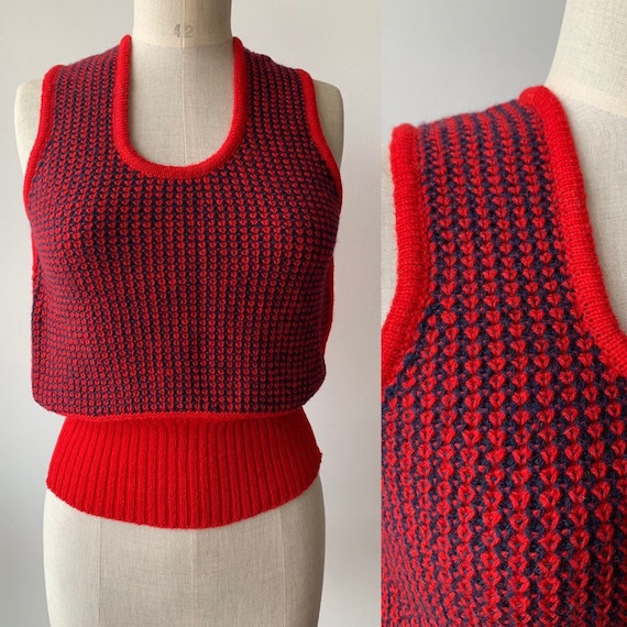 70s brick red and blue Mod shetland wool vest,Fren