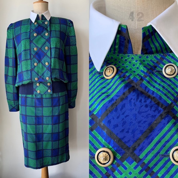80s vintage skirt suit checkered blue green, 80s p