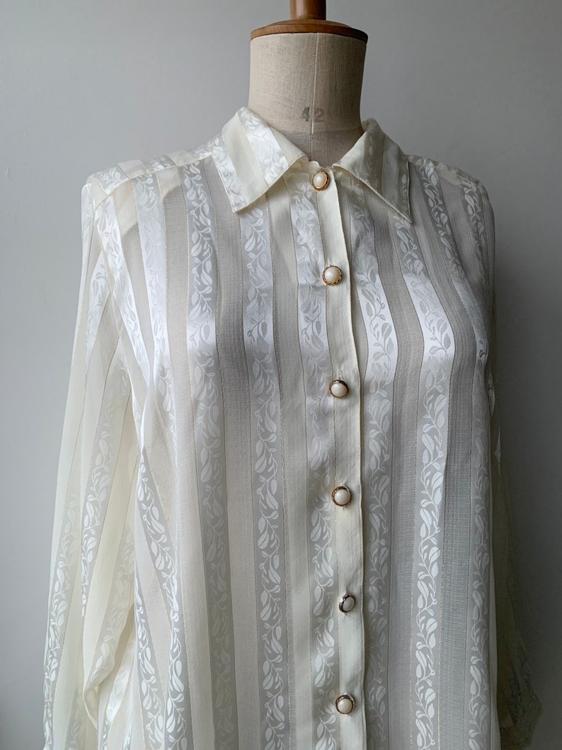 80s ivory sheer jacquard blouse with long sleeves pearl front | Etsy